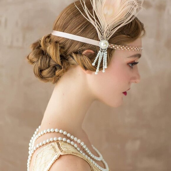 Flapper Headband Pearl Peacock Feather Hair Accessory Vintage Gatsby main image 4